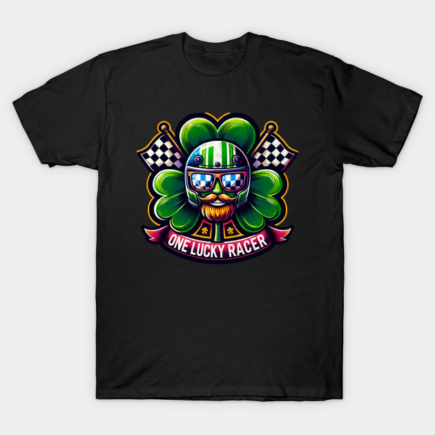 One Lucky Racer St Patrick's Day Irish Shamrock Beard Checkered Flag Racing Clover Leprechaun St Paddy's Day Luck by Carantined Chao$